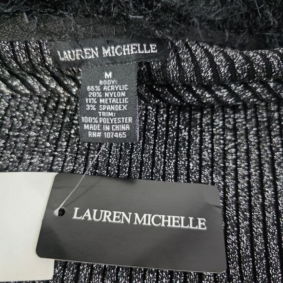 Lauren Michelle Silver Black Sparkly Fuzzy Trim Cardigan Size Medium Party - Picture 12 of 13